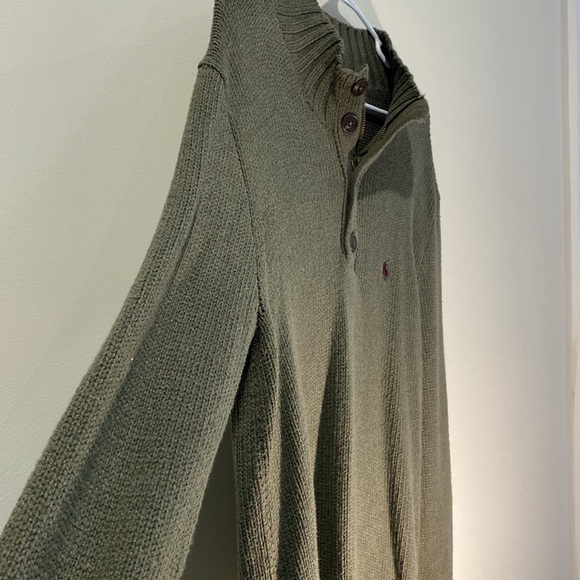Olive Green Polo Pullover Sweater with buttons - Picture 3 of 4